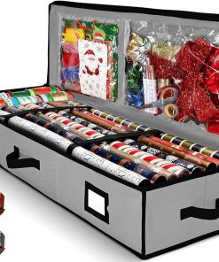Gift Wrap Organizer. Christmas Wrapping Paper Storage Bag w/Useful Pockets for Xmas Accessories. Fits Upto 24 Rolls. Underbed Storage for Holiday Decorations. Large Capacity Storage Box