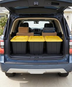 6 Pack 27 Gallon Heavy Duty Storage Bins with Snap Lids. Durable Plastic Storage Totes with Stackable Black Containers & Yellow Latching Covers for Home Garage Moving Organization